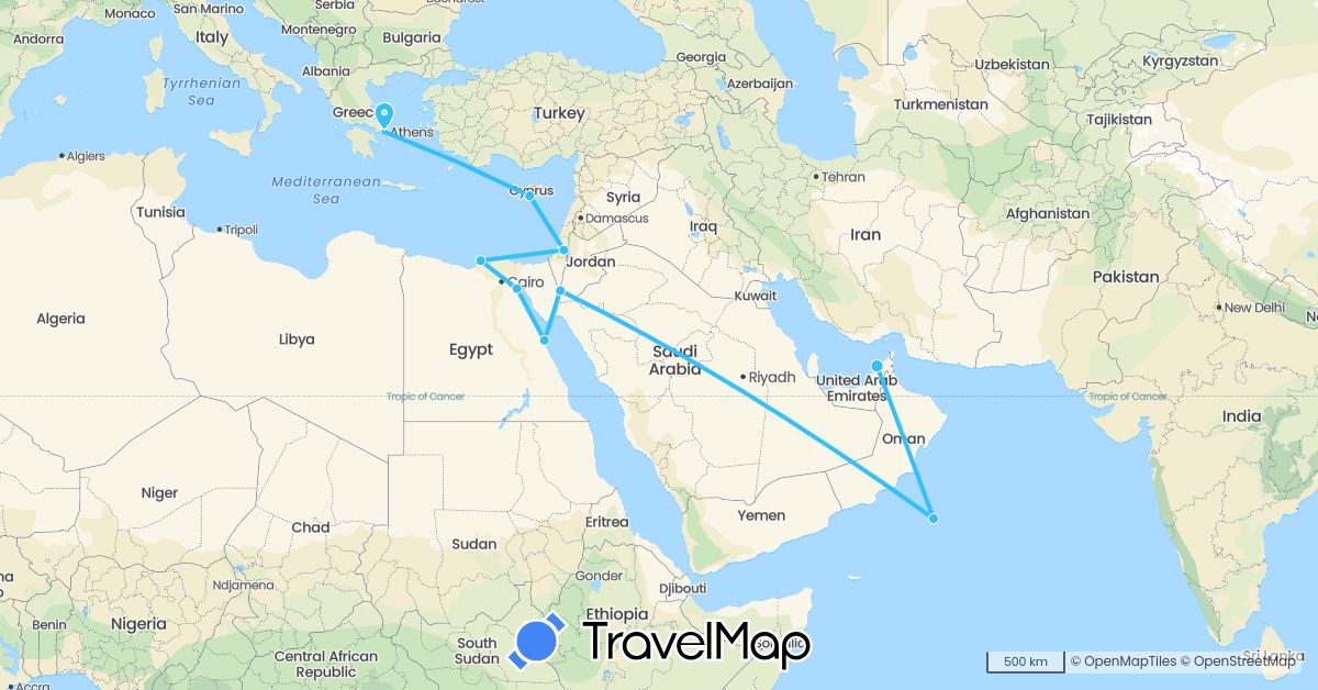 TravelMap itinerary: driving, boat in United Arab Emirates, Cyprus, Egypt, Greece, Israel, Jordan, Oman (Africa, Asia, Europe)